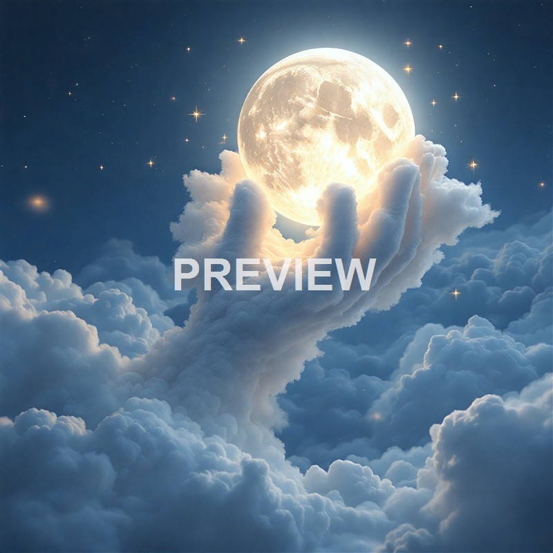 A large hand made of clouds reaching up into the sky, holding a glowing full moon surrounded by stars and additional clouds.